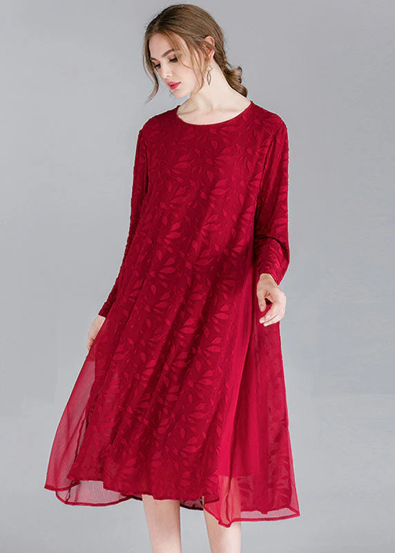 Style Mulberry O-Neck Patchwork Chiffon Holiday Dress Long Sleeve - Image 4