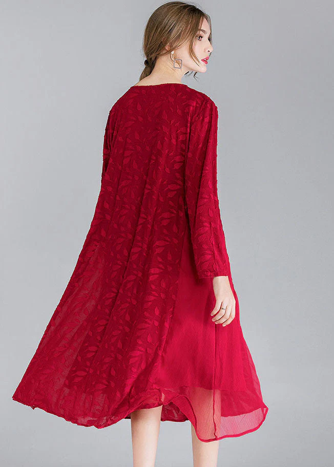 Style Mulberry O-Neck Patchwork Chiffon Holiday Dress Long Sleeve - Image 5