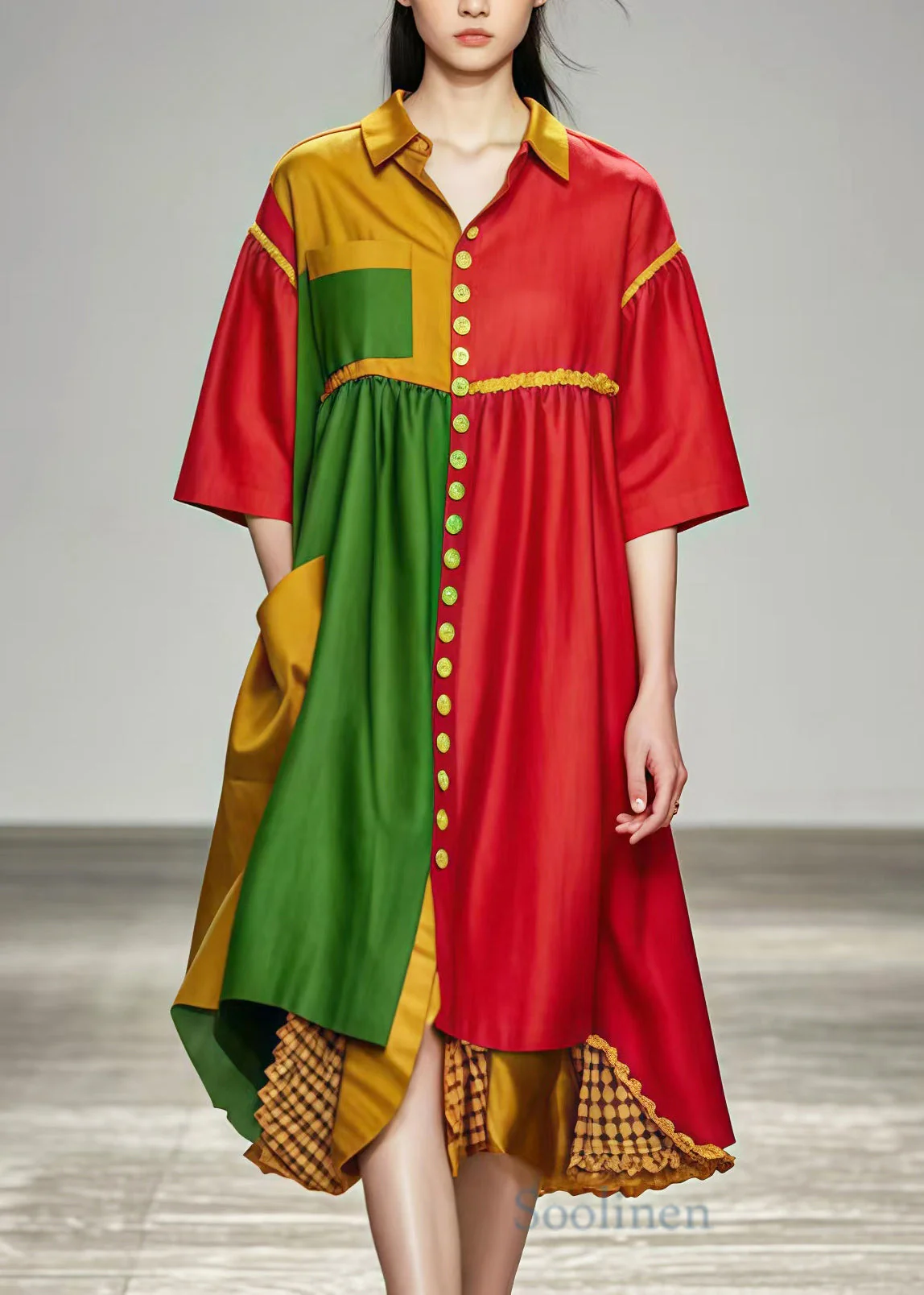 Style Mulberry Oversized Patchwork Silk Shirt Dresses Summer - Image 2