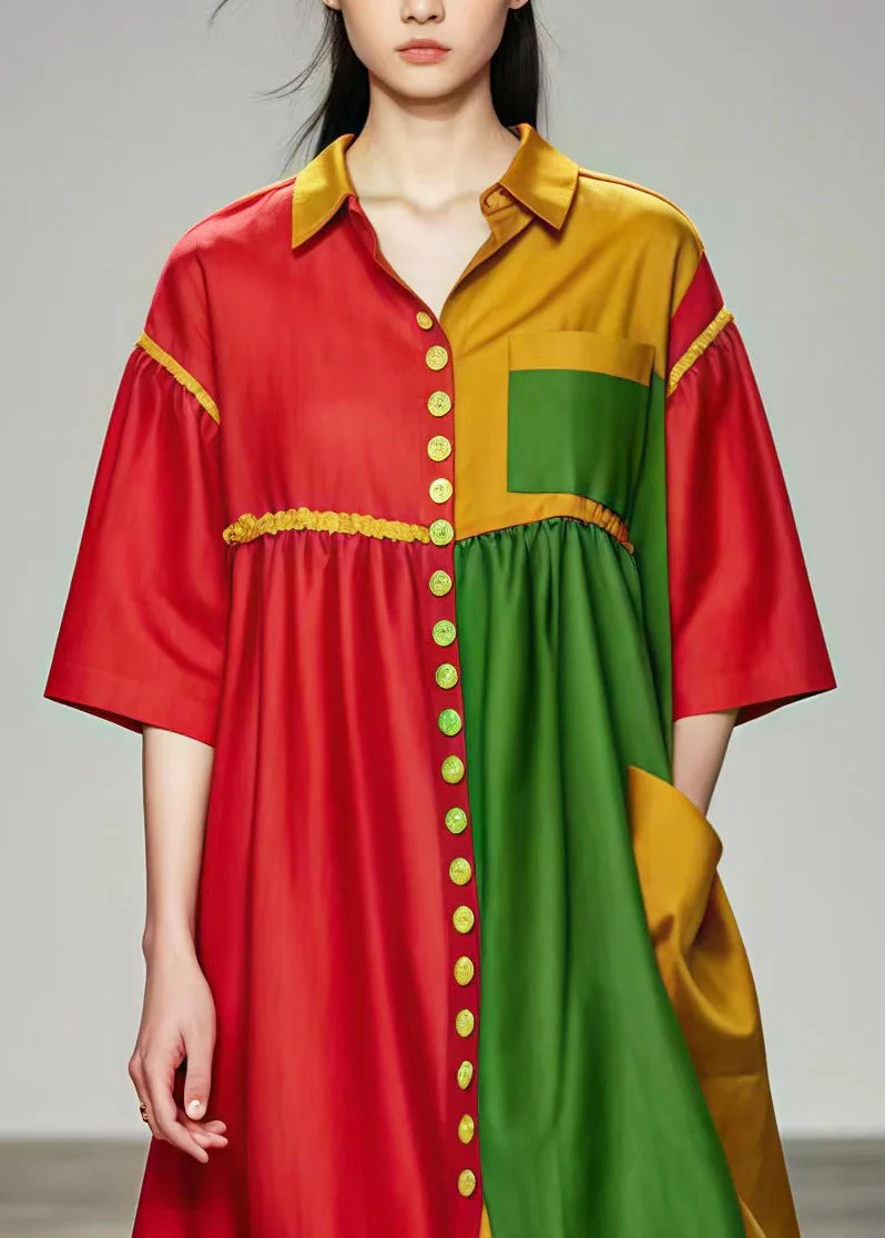 Style Mulberry Oversized Patchwork Silk Shirt Dresses Summer - Image 3