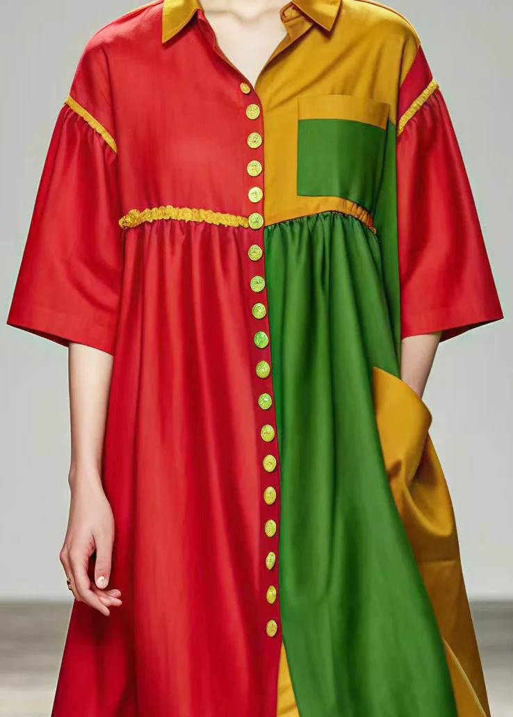 Style Mulberry Oversized Patchwork Silk Shirt Dresses Summer - Image 4