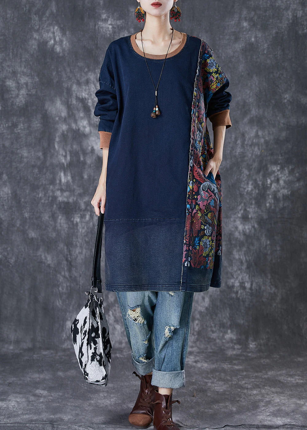 Style Navy Asymmetrical Patchwork Cotton Pullover Streetwear Dress Fall - Image 2