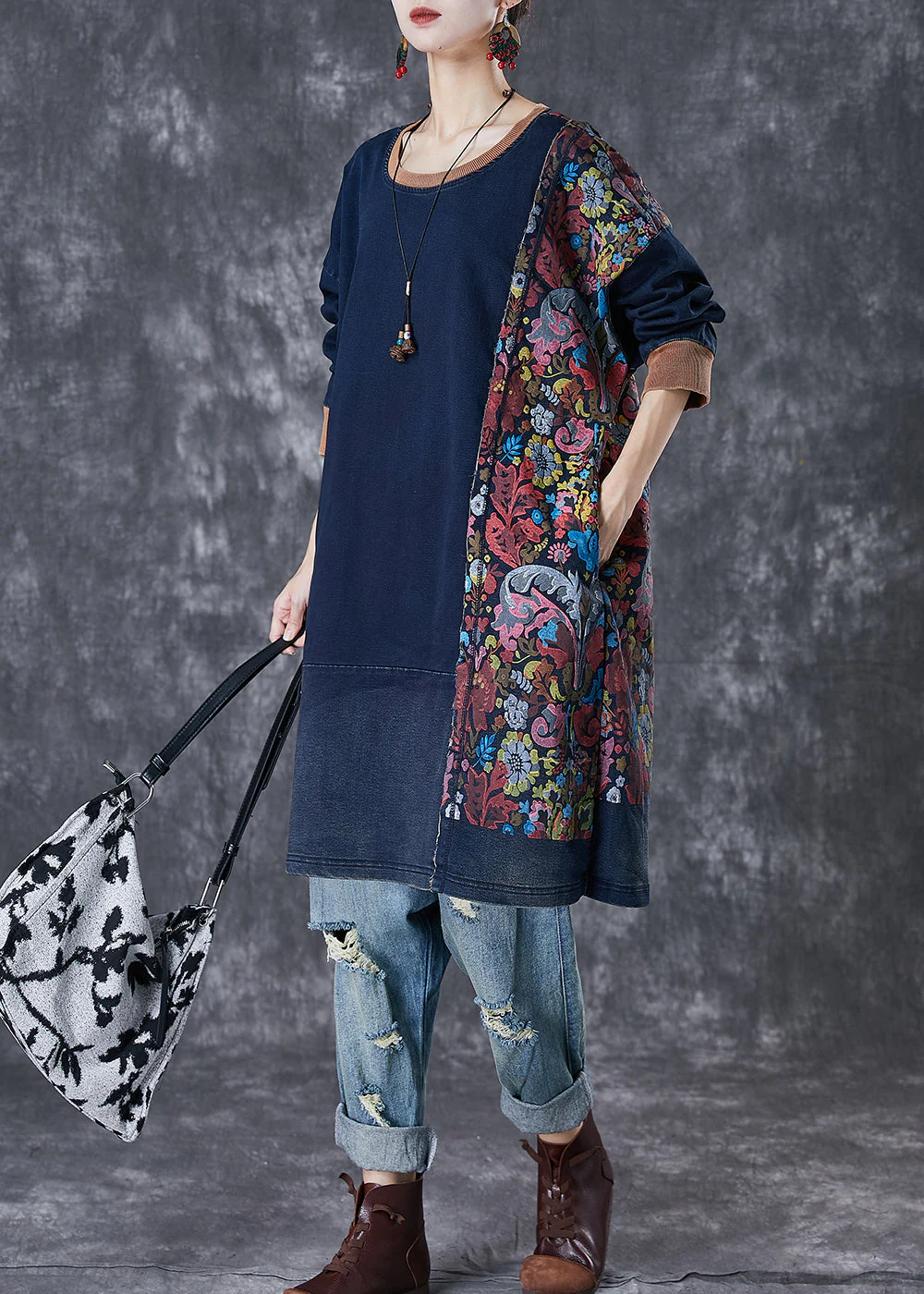 Style Navy Asymmetrical Patchwork Cotton Pullover Streetwear Dress Fall - Image 3