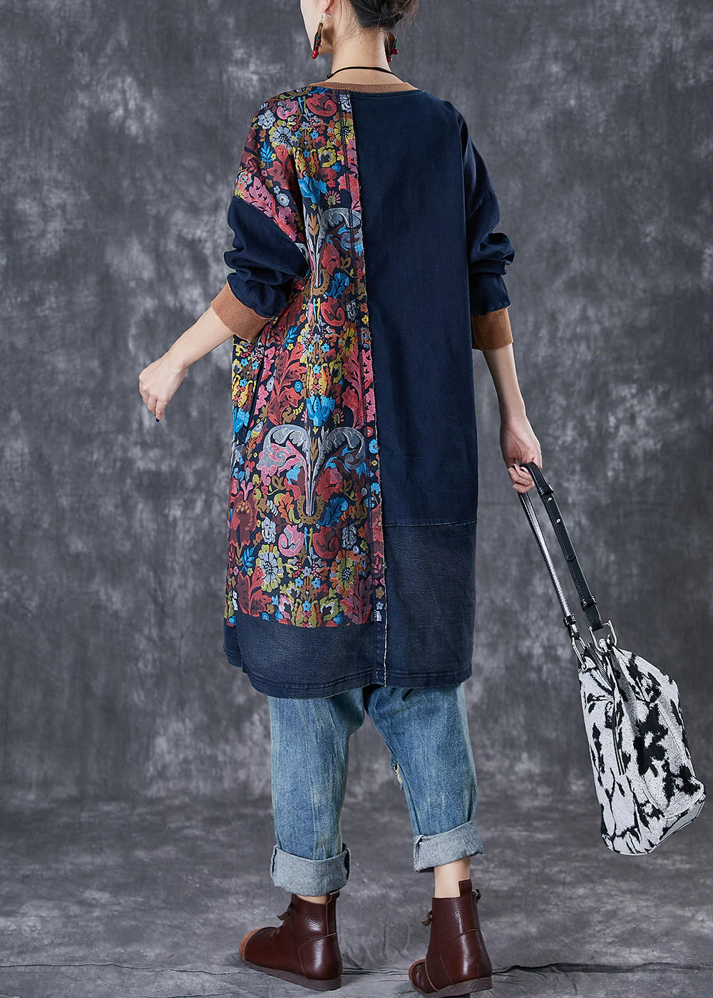 Style Navy Asymmetrical Patchwork Cotton Pullover Streetwear Dress Fall - Image 4