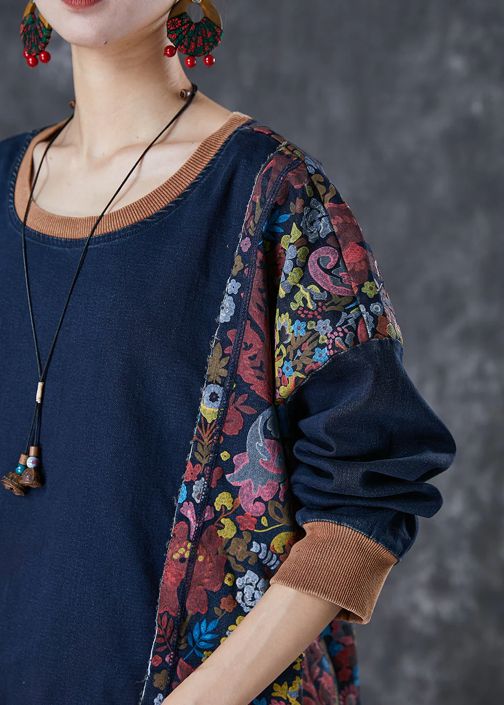 Style Navy Asymmetrical Patchwork Cotton Pullover Streetwear Dress Fall - Image 5
