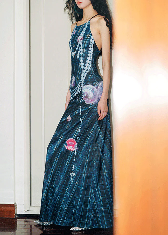 Style Navy Backless Print Silk Spaghetti Strap Dress Summer - Image 2