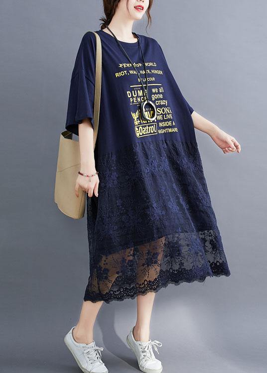 Style Navy Loose Patchwork Lace Summer Half Sleeve Maxi Dresses - Image 2