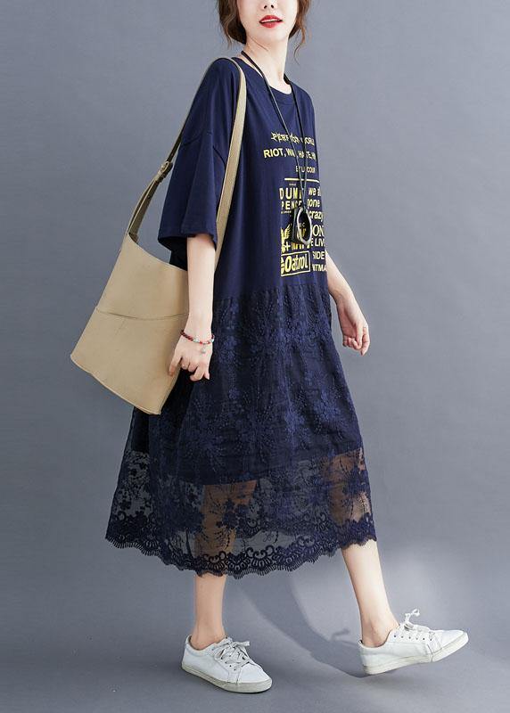 Style Navy Loose Patchwork Lace Summer Half Sleeve Maxi Dresses - Image 3