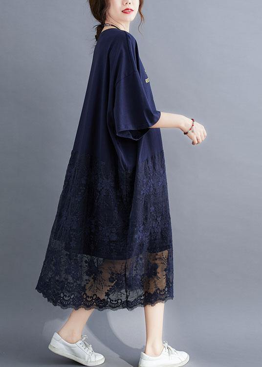 Style Navy Loose Patchwork Lace Summer Half Sleeve Maxi Dresses - Image 4
