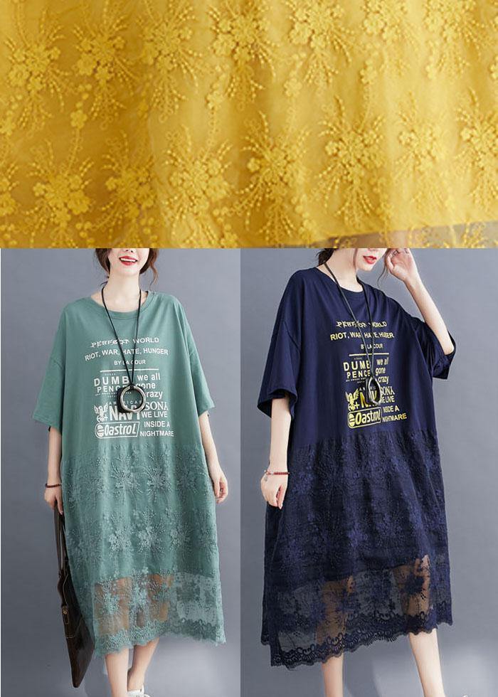 Style Navy Loose Patchwork Lace Summer Half Sleeve Maxi Dresses - Image 5