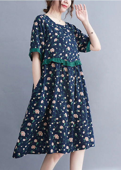 Style Navy O-Neck Ruffled Patchwork Print Cotton Party Dress Short Sleeve - Image 2