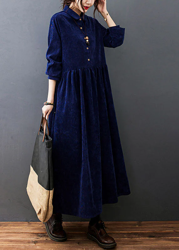 Style Navy Peter Pan Collar Button Corduroy Long Dress Spring - Image 2