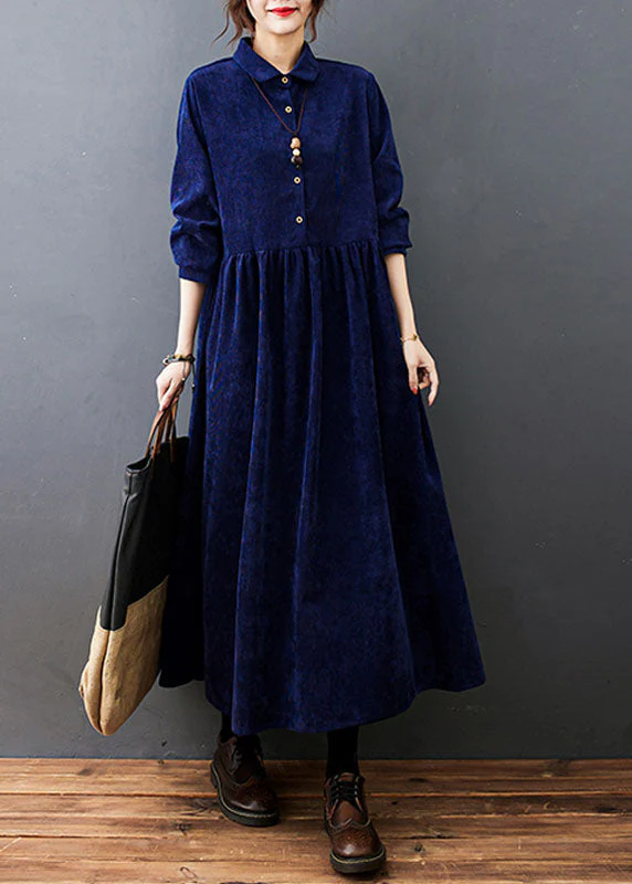 Style Navy Peter Pan Collar Button Corduroy Long Dress Spring - Image 3