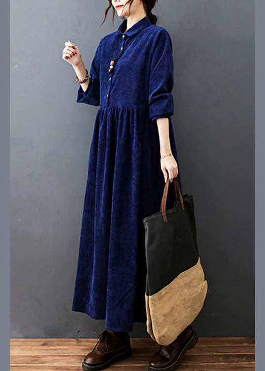 Style Navy Peter Pan Collar Button Corduroy Long Dress Spring - Image 4