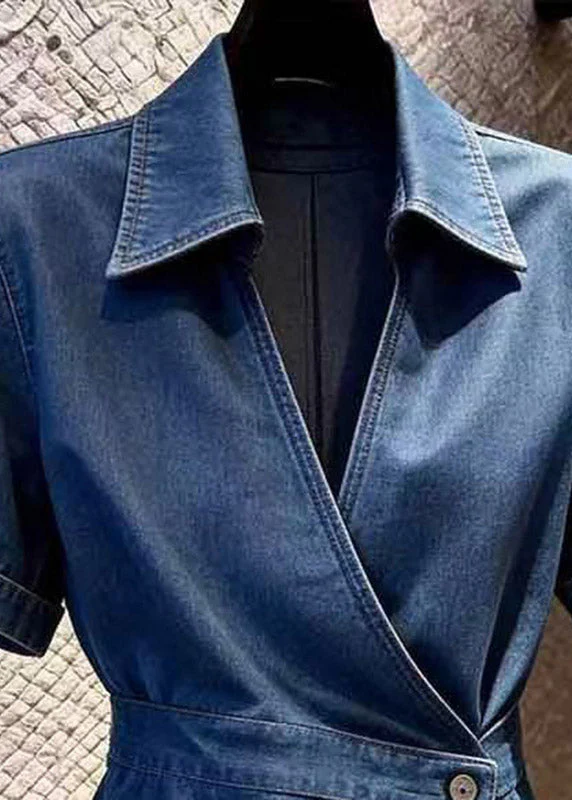 Style Navy Peter Pan Collar Patchwork Denim Shirt Summer - Image 2