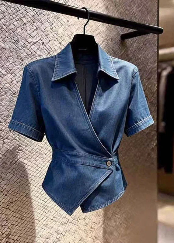 Style Navy Peter Pan Collar Patchwork Denim Shirt Summer - Image 3