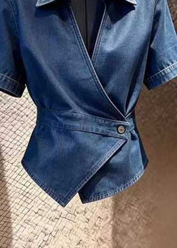 Style Navy Peter Pan Collar Patchwork Denim Shirt Summer - Image 4