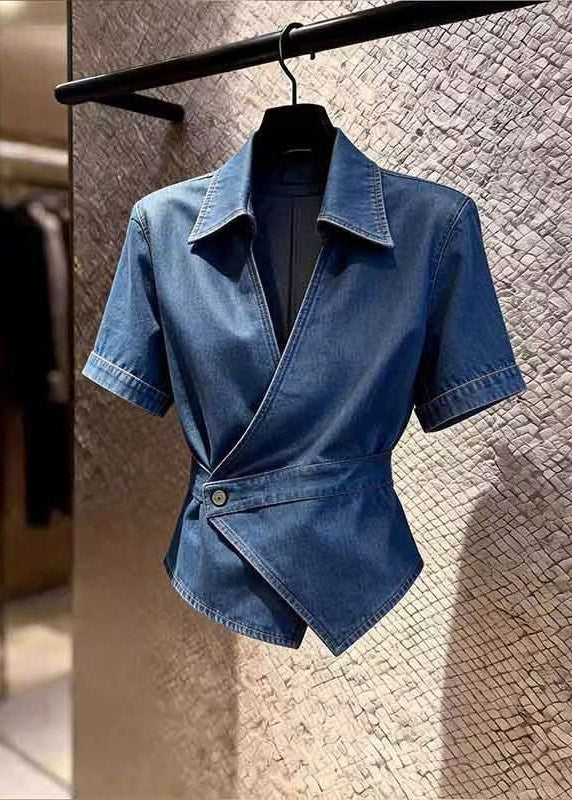 Style Navy Peter Pan Collar Patchwork Denim Shirt Summer - Image 5
