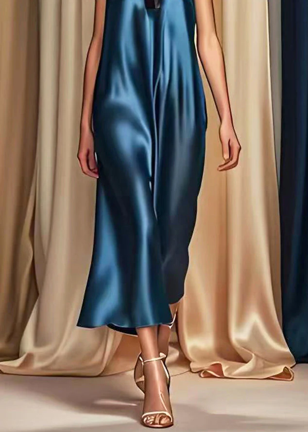 Style Navy V Neck Draping Silk Maxi Dresses Summer - Image 4