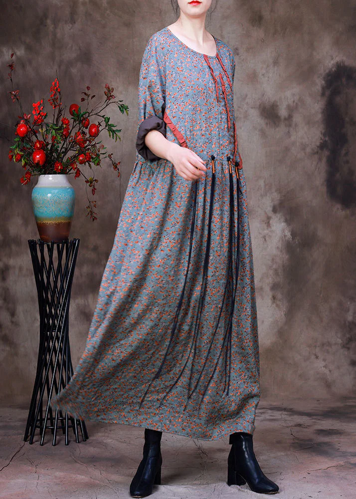 Style O-Neck Print Wrinkled Silk Ankle Dress Long Sleeve - Image 2