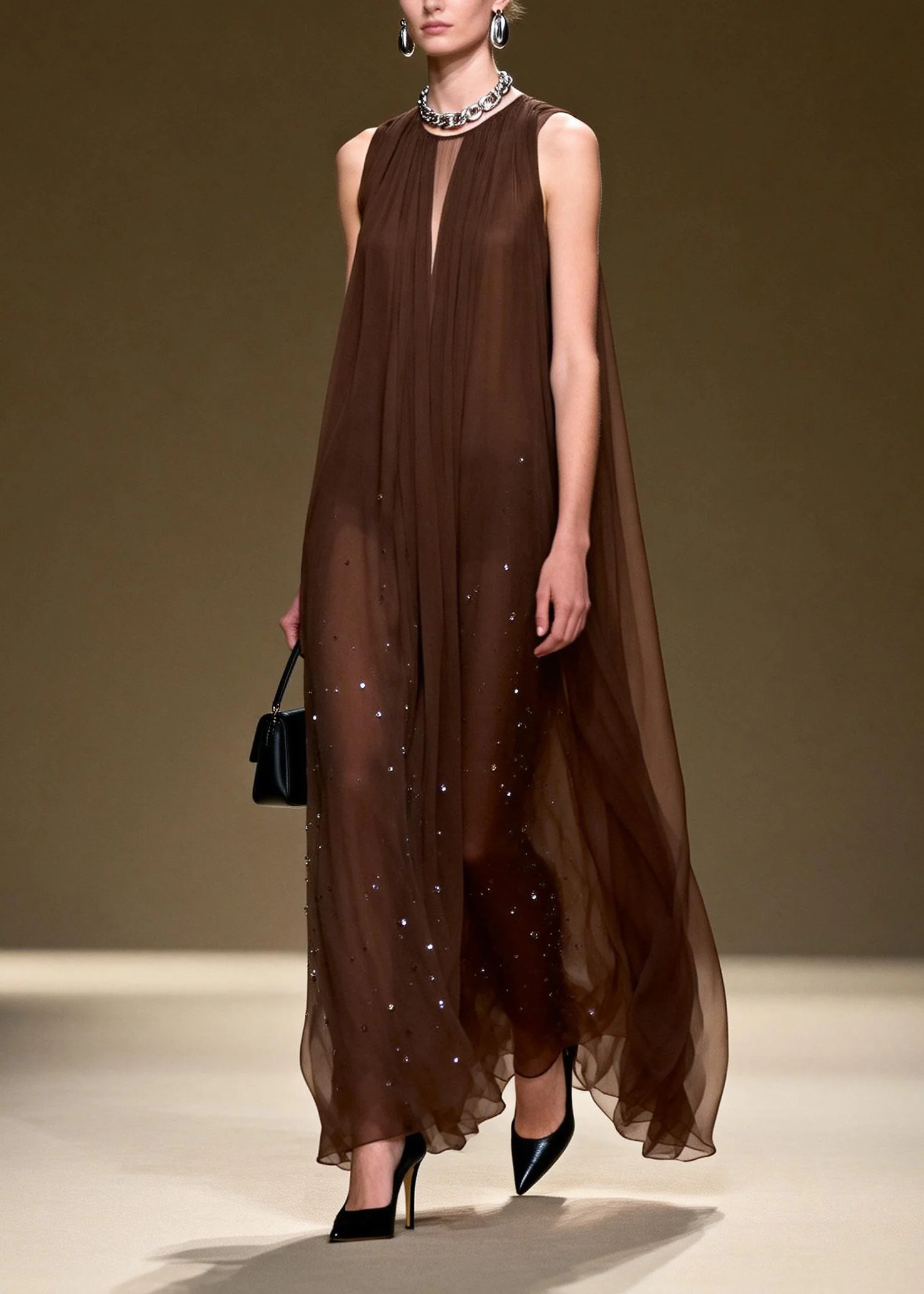 Style O Neck Wrinkled Zircon Chiffon Long Dresses Sleeveless