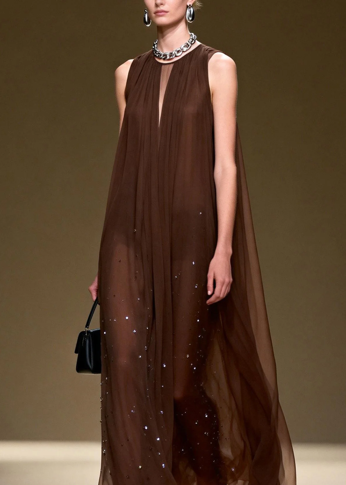 Style O Neck Wrinkled Zircon Chiffon Long Dresses Sleeveless - Image 2