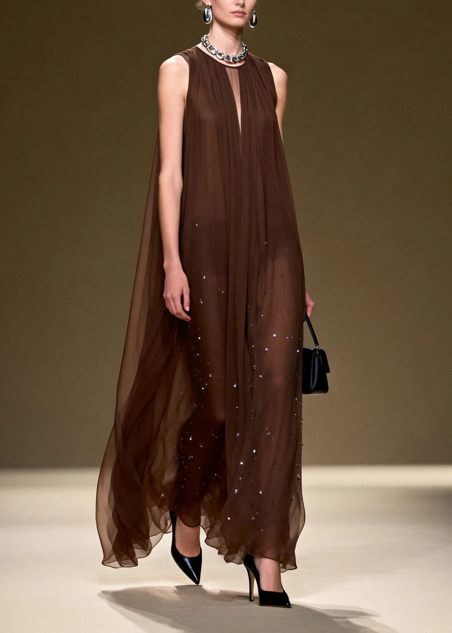 Style O Neck Wrinkled Zircon Chiffon Long Dresses Sleeveless - Image 3