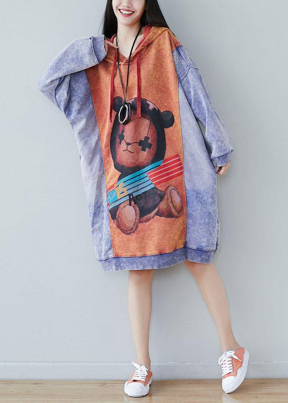 Style Orange Hooded Print Drawstring Fall Sweatshirts Dress - Image 2