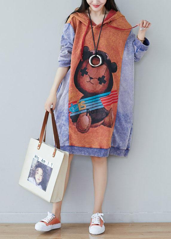 Style Orange Hooded Print Drawstring Fall Sweatshirts Dress - Image 3