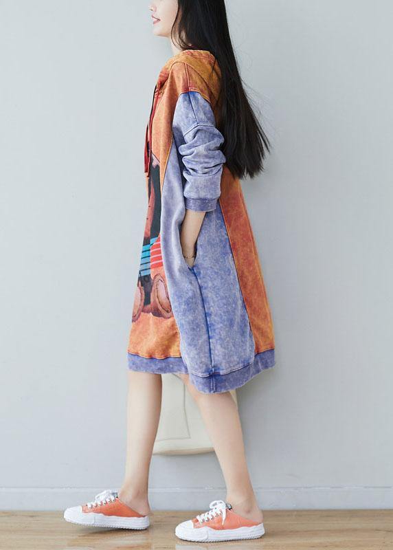 Style Orange Hooded Print Drawstring Fall Sweatshirts Dress - Image 4