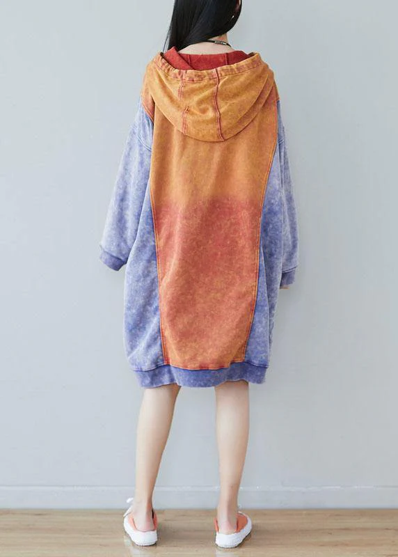 Style Orange Hooded Print Drawstring Fall Sweatshirts Dress - Image 5