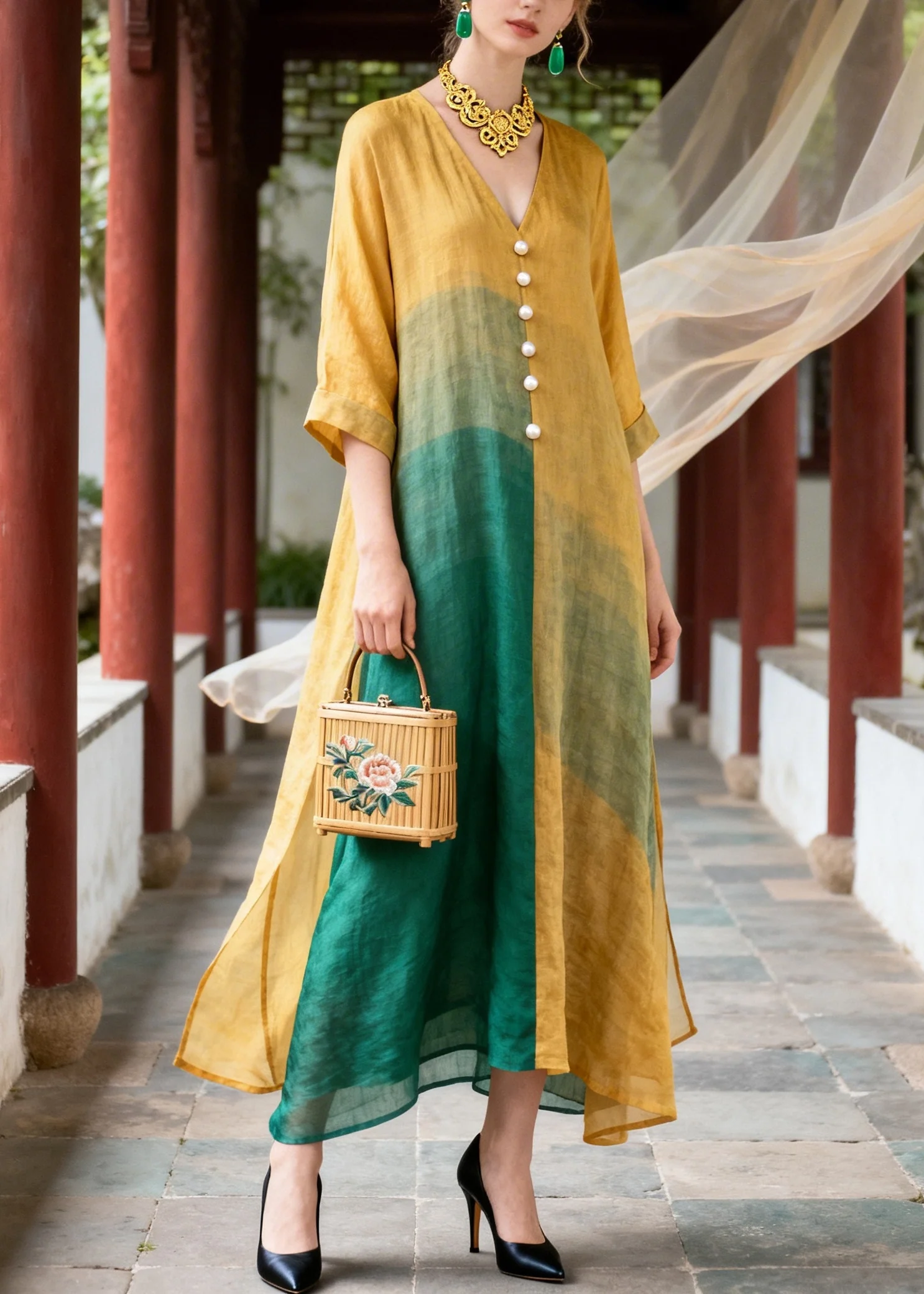 Style Orange Oversized Tie Dye Fine Pearl Cotton Maxi Dresses Summer - Image 3
