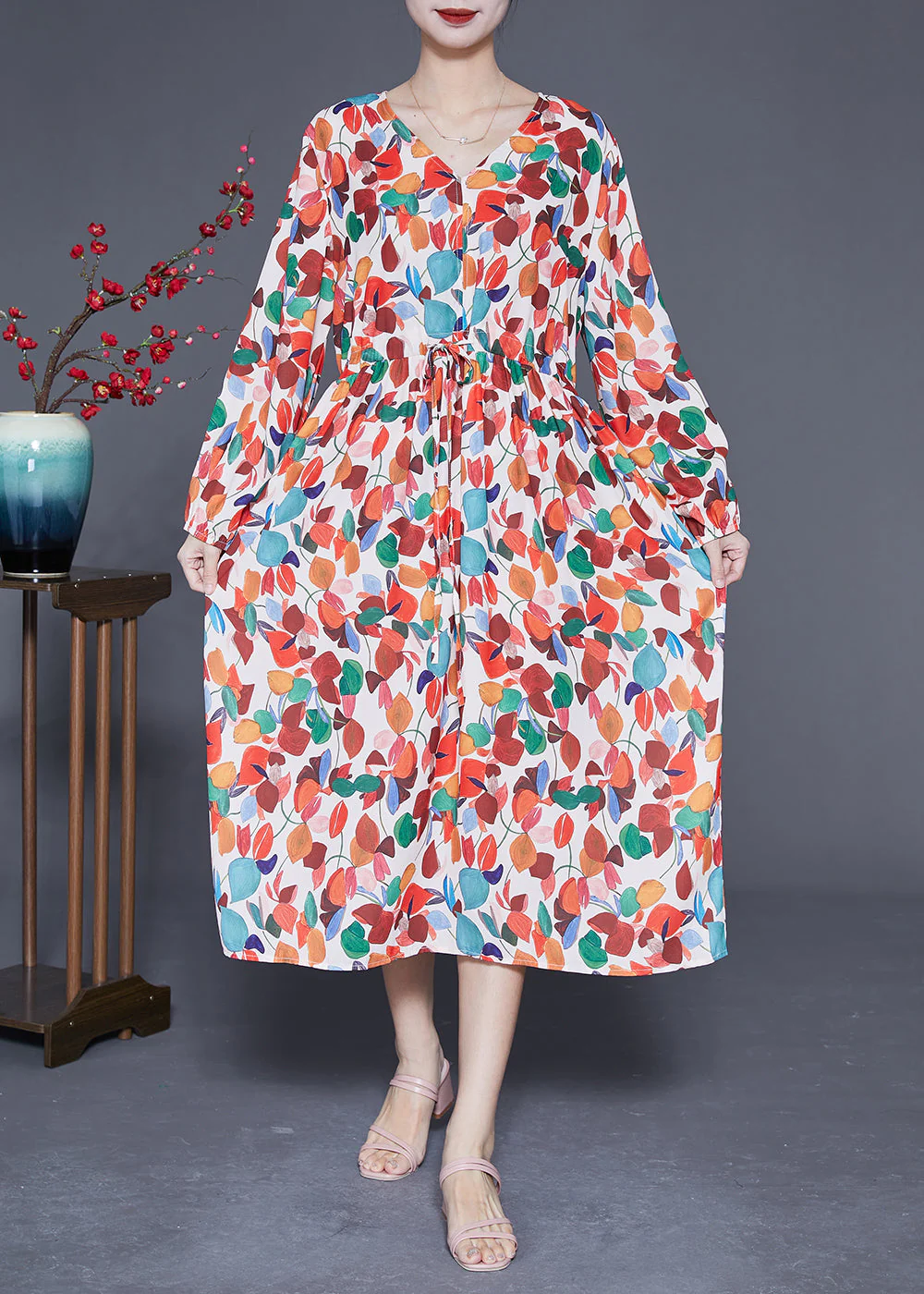 Style Orange V Neck Tie Waist Print Chiffon Maxi Dresses Spring - Image 2