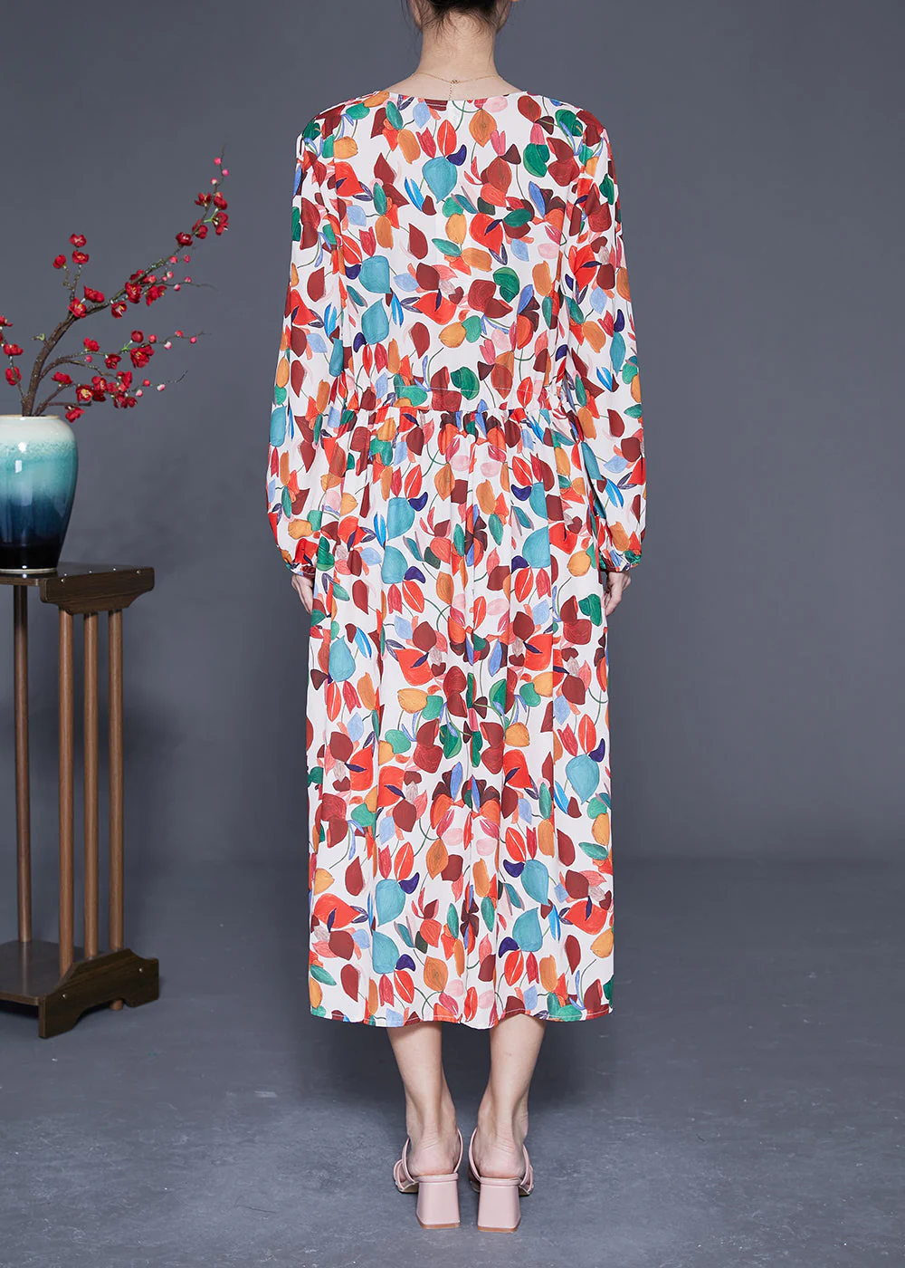 Style Orange V Neck Tie Waist Print Chiffon Maxi Dresses Spring - Image 4