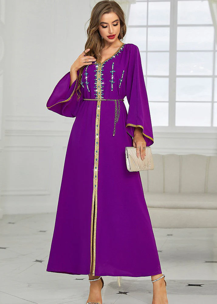 Style Orange V Neck Zircon Patchwork Tie Waist Chiffon Maxi Dress Fall - Image 3