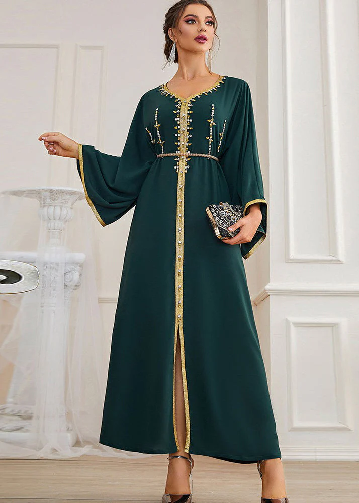 Style Orange V Neck Zircon Patchwork Tie Waist Chiffon Maxi Dress Fall - Image 4