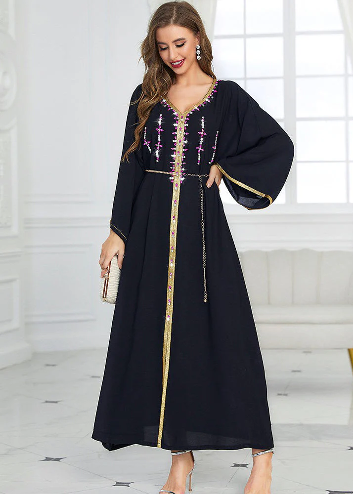 Style Orange V Neck Zircon Patchwork Tie Waist Chiffon Maxi Dress Fall - Image 5
