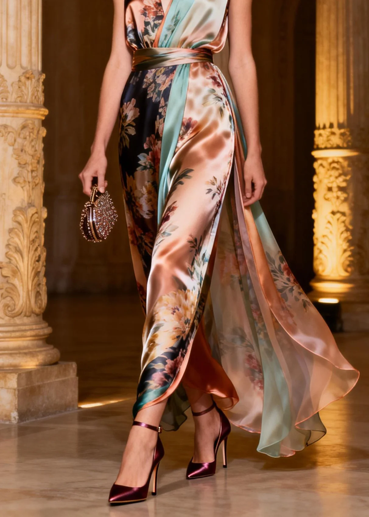 Style Patchwork Flattering Silk Long Spaghetti Strap Dresses Sleeveless - Image 4
