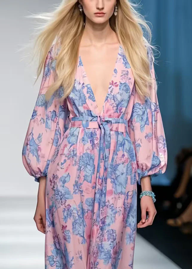 Style Pink Cinched Print Chiffon Vacation Dresses Spring - Image 2