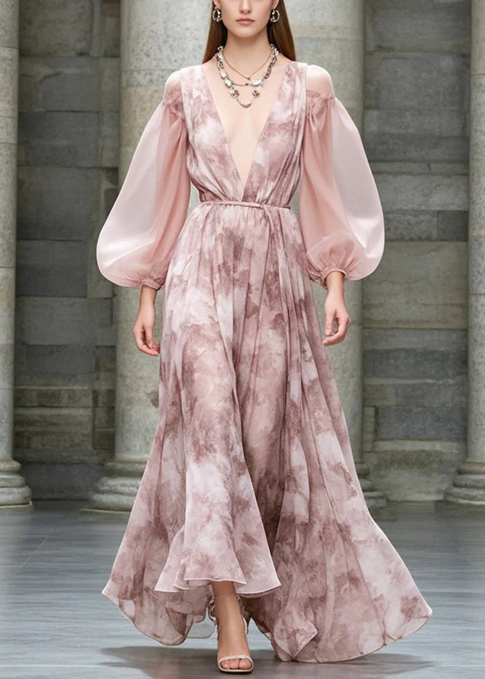 Style Pink Cold Shoulder Print Chiffon Party Dresses Fall - Image 3