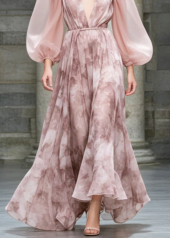 Style Pink Cold Shoulder Print Chiffon Party Dresses Fall - Image 4