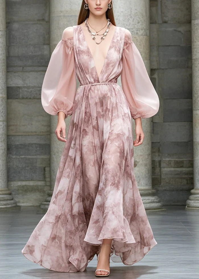 Style Pink Cold Shoulder Print Chiffon Party Dresses Fall - Image 5