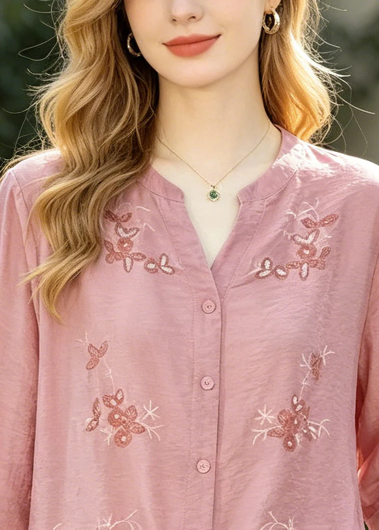 Style Pink Embroidered Patchwork Cotton Tops Summer - Image 2