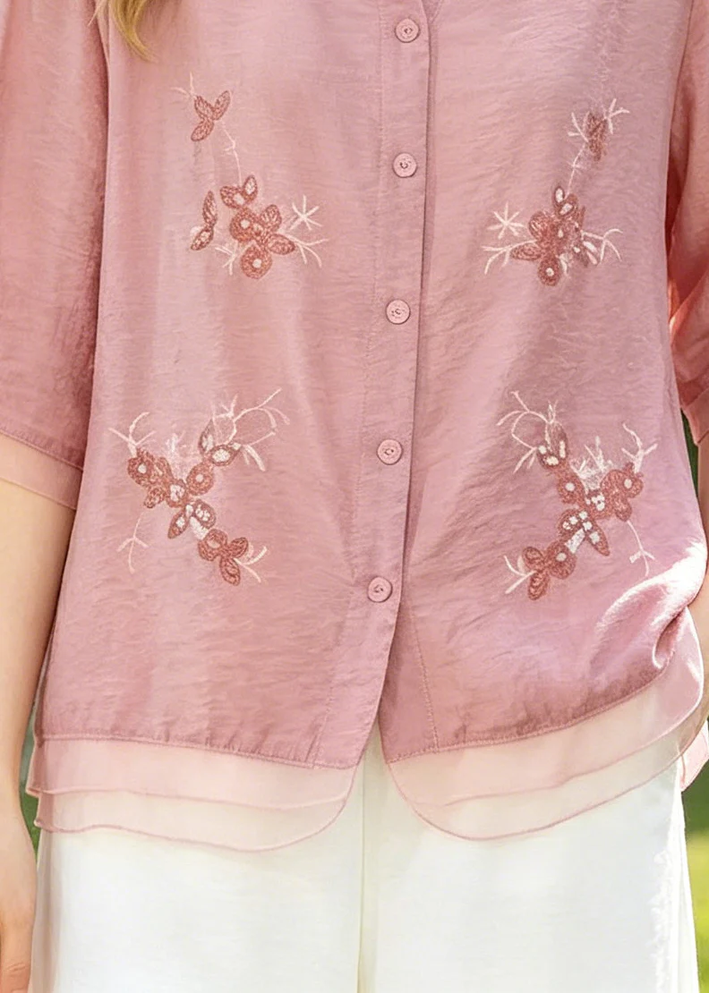 Style Pink Embroidered Patchwork Cotton Tops Summer - Image 4