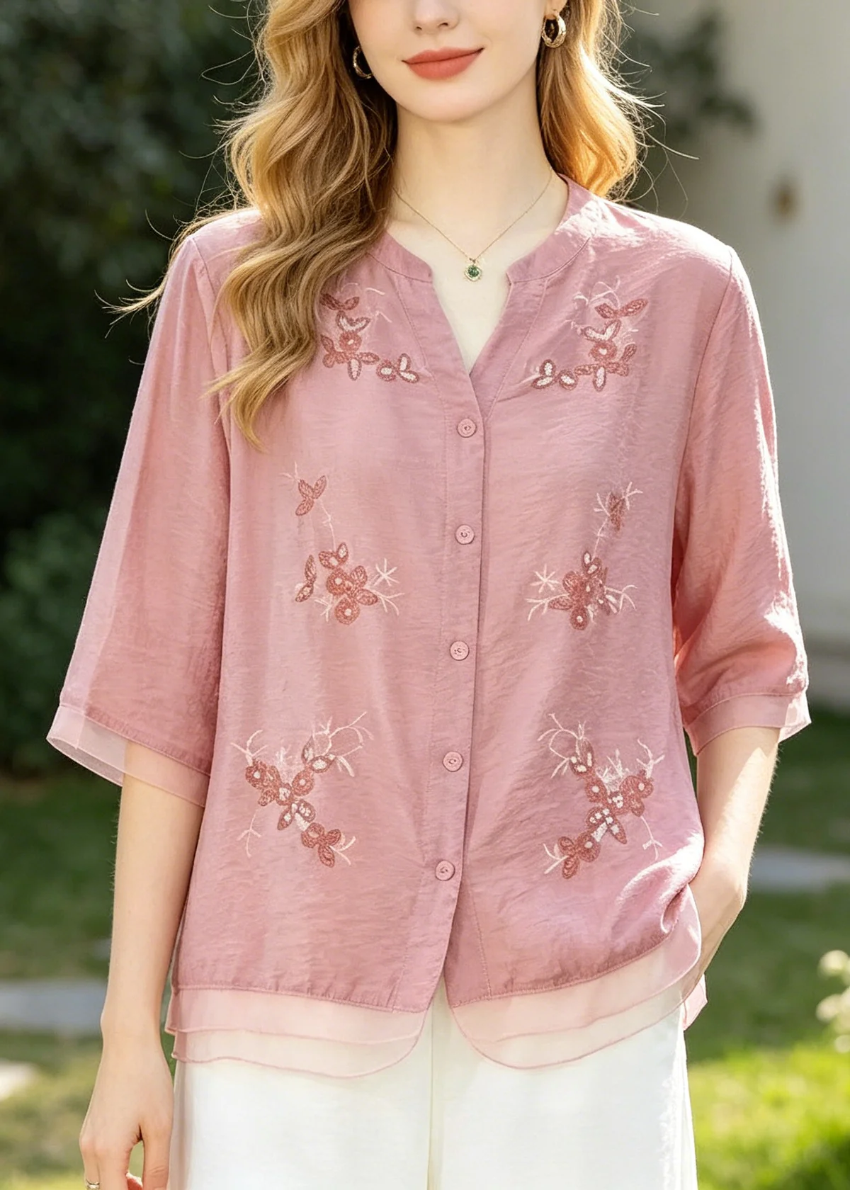 Style Pink Embroidered Patchwork Cotton Tops Summer - Image 5