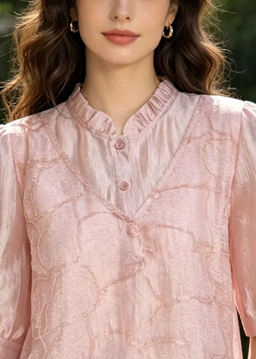Style Pink Embroidered U Neck Silk Fake Two Piece Shirt Top Summer - Image 2