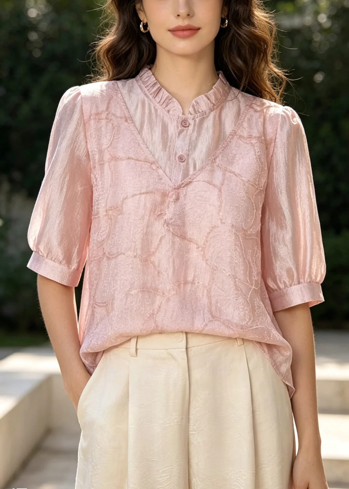 Style Pink Embroidered U Neck Silk Fake Two Piece Shirt Top Summer - Image 3