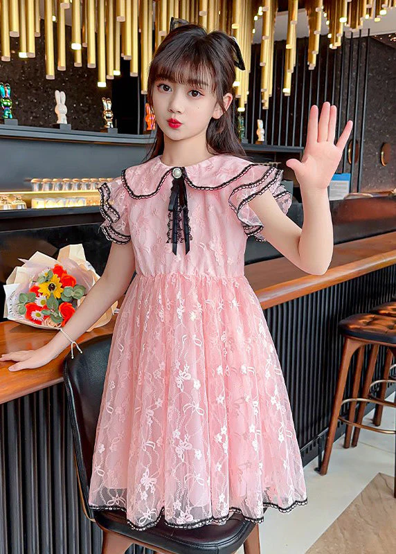 Style Pink O-Neck Bow Patchwork Tulle Kids Maxi Gowns Dress Summer - Image 3