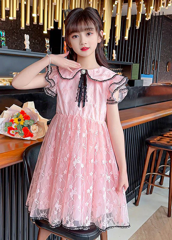 Style Pink O-Neck Bow Patchwork Tulle Kids Maxi Gowns Dress Summer - Image 5
