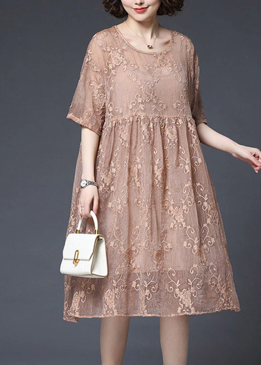 Style Pink O-Neck embroidery Wrinkled Lace Dress Two Piece Set Short Sleeve - Image 2